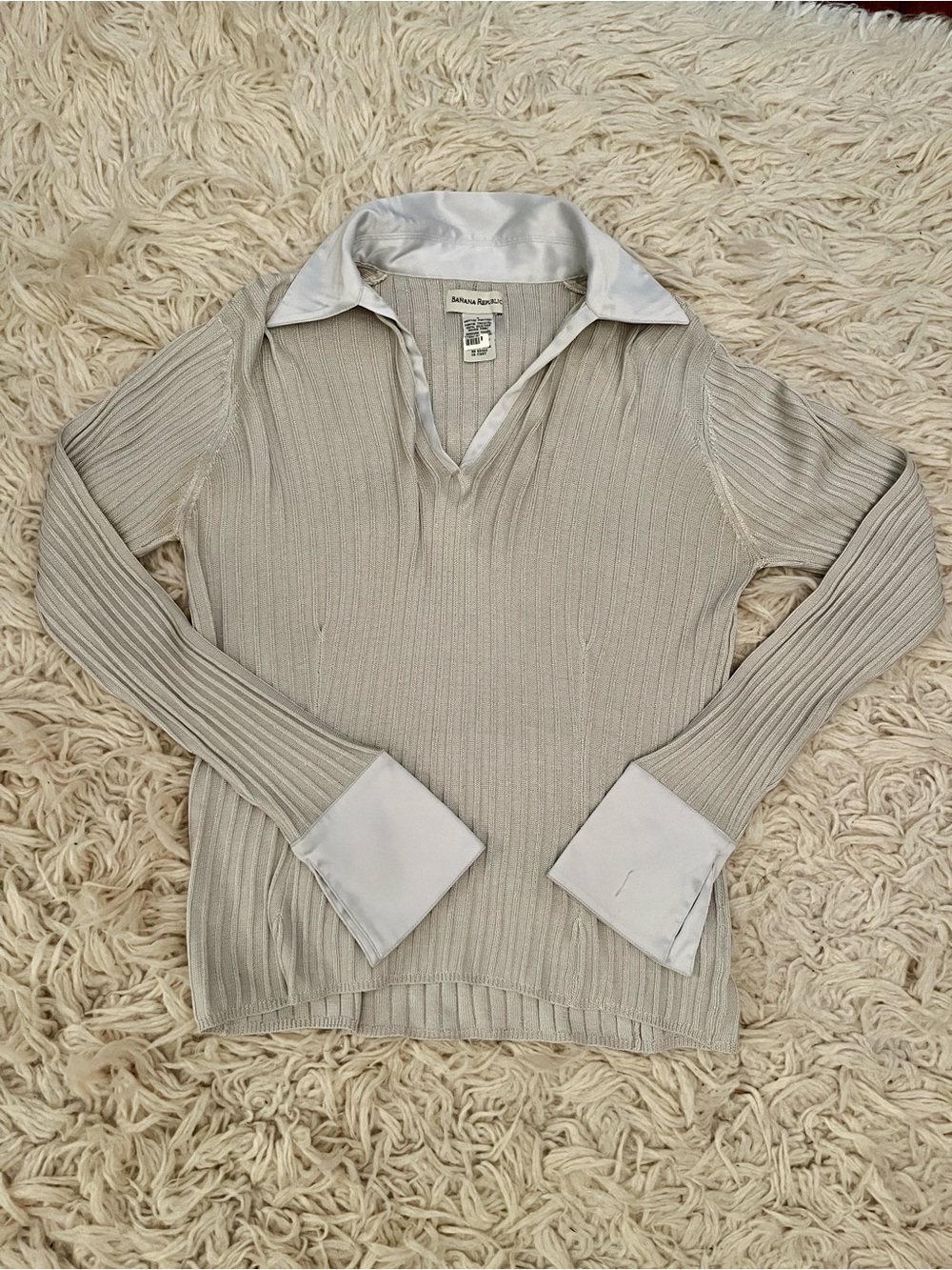 Banana Republic 100% Silk Ribbed Knit Top with Satin Trim